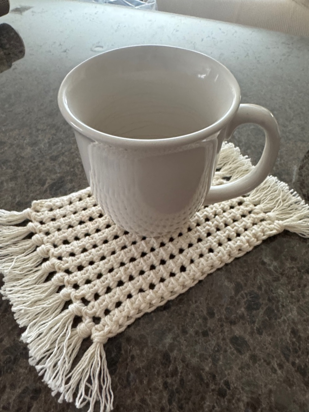 Handmade Crochet Mug Rug with Fringe /Placemat / Trivet  Off-White 100% Cotton - Picture 3 of 7